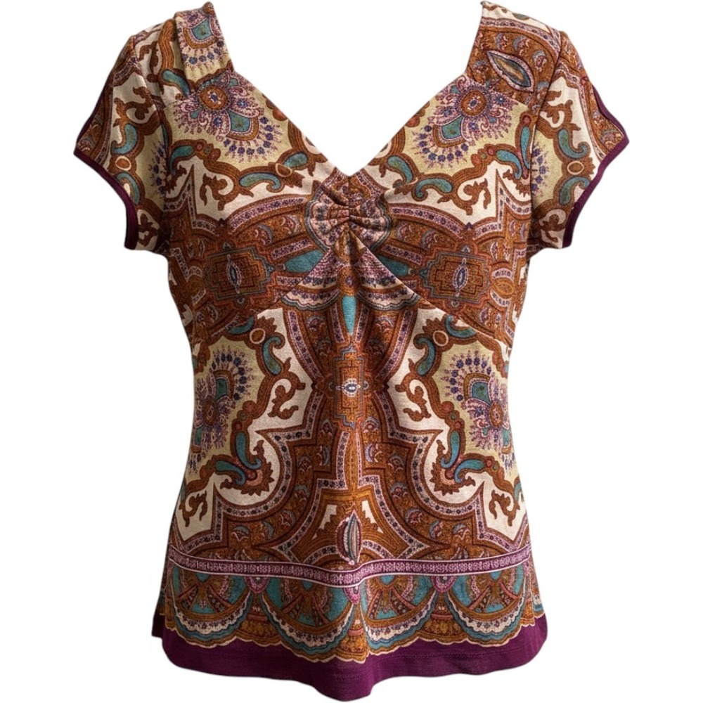 Nicole Miller Y2K Top Womens‎ M Purple Paisley Babydoll Mesh V Neck Preppy 90s